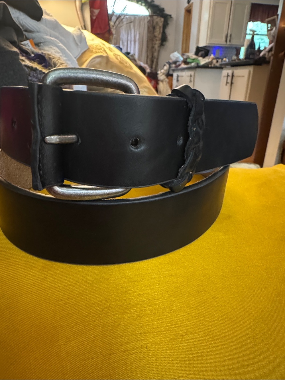 Nine West Black Leather Belt with Silver Buckle and Braided Loop